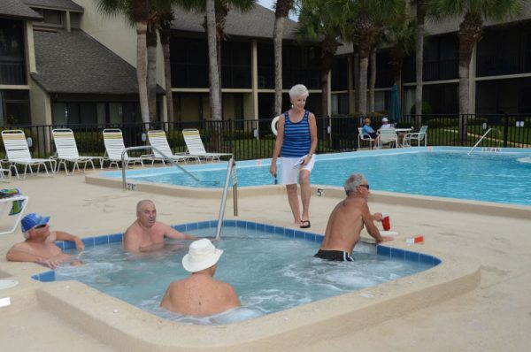 Guests relax in hot tub